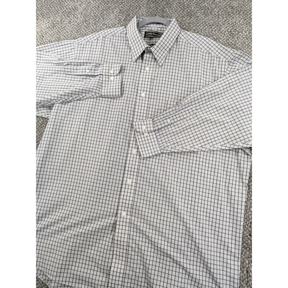 David Taylor Mens Plaid Button Down Shirt Grey White Full Cut 17.5 32/33